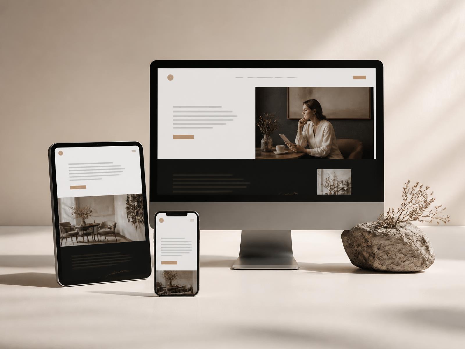Een websiteontwerp te zien op een monitor, tablet en smartphone
